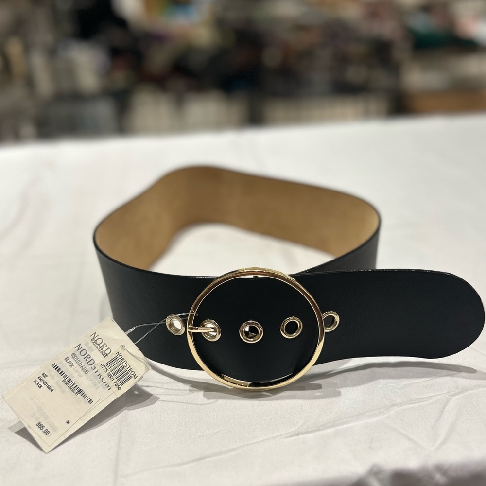 Max Mara - Black Leather Wide Gold Buckle Belt